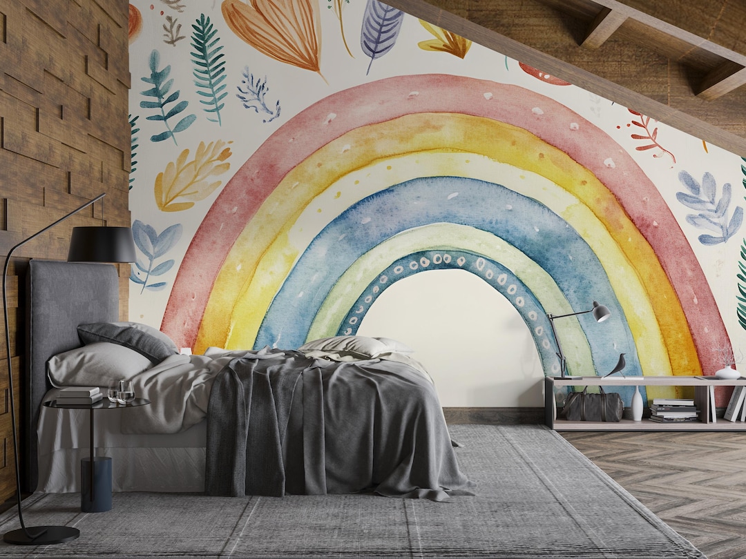 Hand-painted Rainbow Wall Mural – Watercolor Foliage Peel and Stick ...