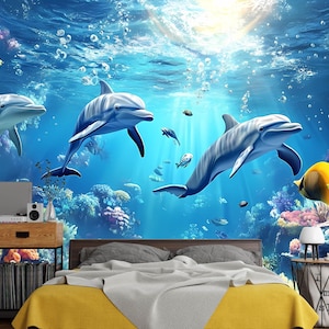 Aquarell Delfin Tapete - Schälen und Aufkleben Wandbild - Ozean Kinderzimmer Dekor - Unterwasser-Kinderzimmer Wandkunst - Delfin Wanddekor Vn011