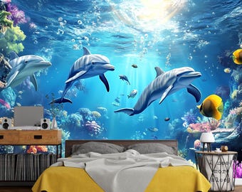 Watercolor Dolphin Wallpaper - Peel and Stick Wall Mural - Ocean Nursery Decor - Underwater Kids Room Wall Art - Dolphin Wall Decor Vn011