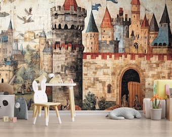 Fantasy Schloss Tapete – Zauberhaftes Schloss zum Abziehen und Aufkleben, Mittelalterliches Wandbild, Mittelalterliche Tapete