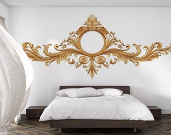 Golden Ornate Mirror Frame Wall Decal, Baroque Wall Sticker, Luxury Scroll Mural, Elegant Bedroom Headboard Decor, Classical Gold Wall Art