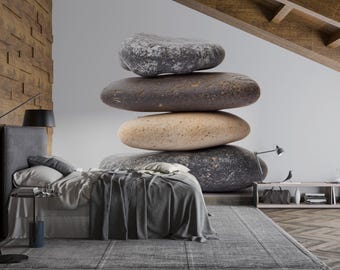 Stacked Stones Wall Decal • Large Zen Rock Mural for Bedroom • Spa Meditation Wall Art • Peel and Stick Stone Sticker • Calm Nature Decor