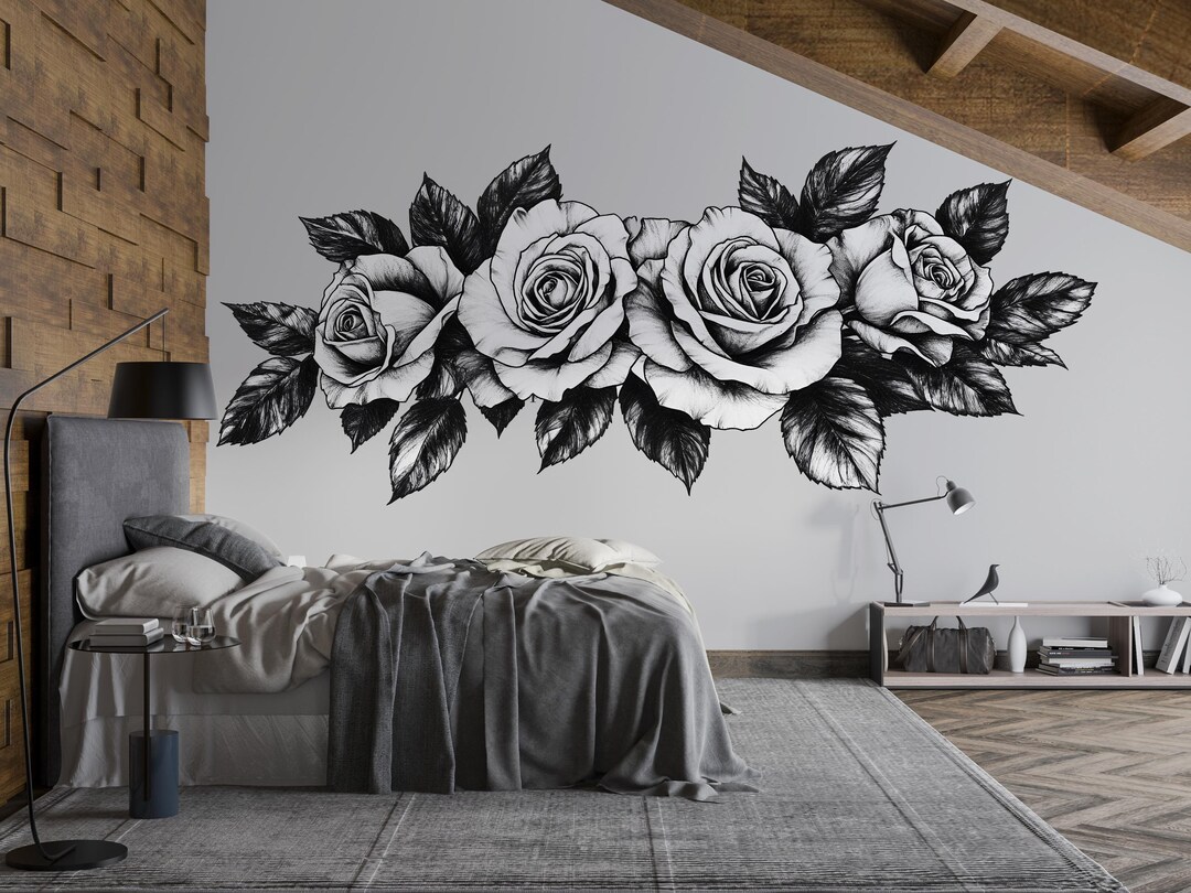 Black and White Rose Wall Decal Floral Wall Art Rose Wall Sticker ...