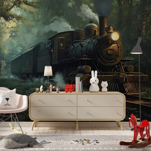 Watercolor Steam Train Forest Wallpaper – Vintage Train Wall Mural for Nursery, Kids Room, Adventure Theme Decor
