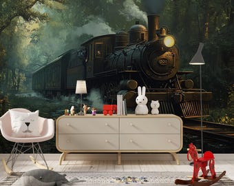 Watercolor Steam Train Forest Wallpaper – Vintage Train Wall Mural for Nursery, Kids Room, Adventure Theme Decor