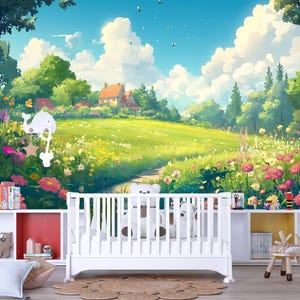 3D-behang cartoon weide voor kinderkamer – Grillig bloemenveld landschap met huisje en lucht – Leuke natuurmuurkunst voor babykamer