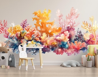 Watercolor Coral Garden Wall Decal For Nursery Or Kids Room, Colorful Underwater Reef Wall Sticker, Ocean Wall Art, Peel And Stick Decor