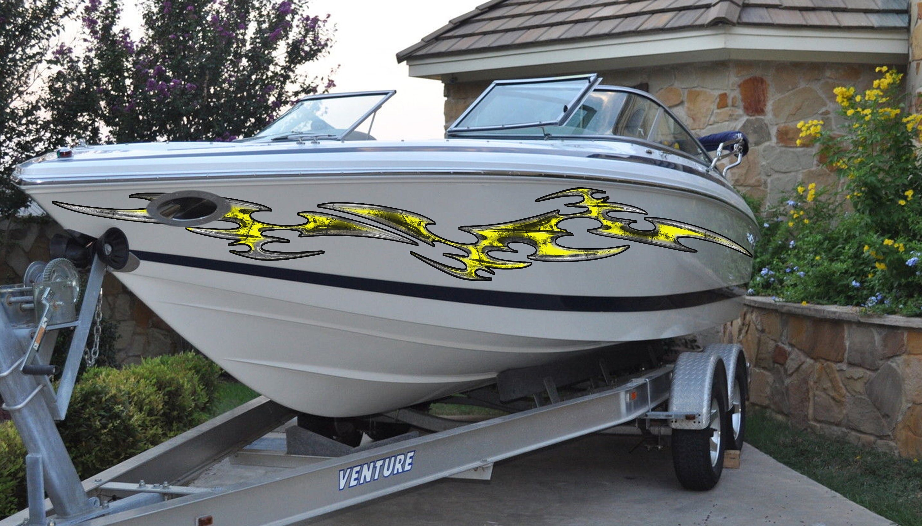 3D Tribal Boat Full Color Vinyl Sticker, Tribal Racing Stripes Boat