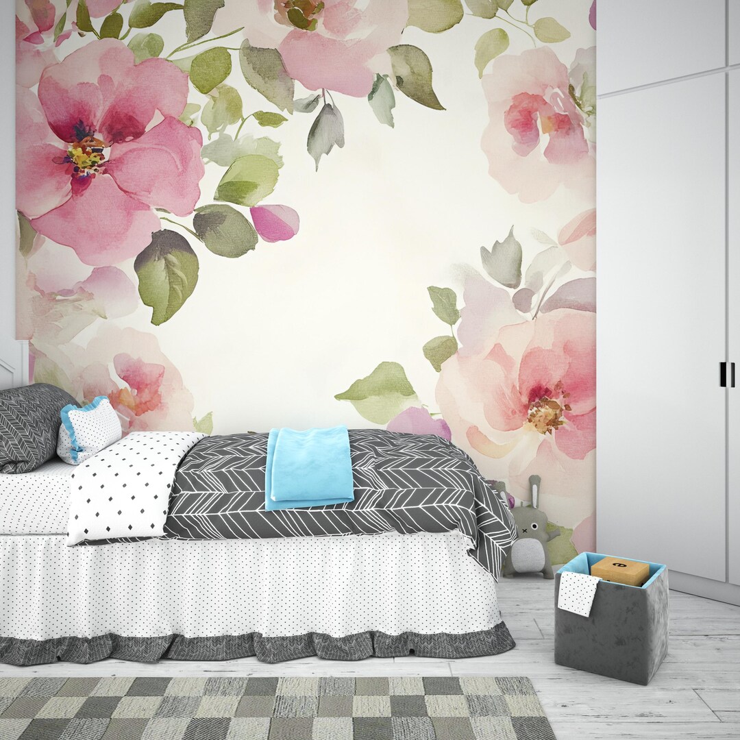 Watercolor Floral Wall Mural – Pink Rose Wallpaper for Bedroom or ...