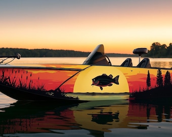 Sunset Bass Fishing Boat Wrap – Lake Scene Vinyl Wrap – Custom Full Side Marine Wrap – Fishing Boat Decal With Bass And Trees – Sunrise Boat