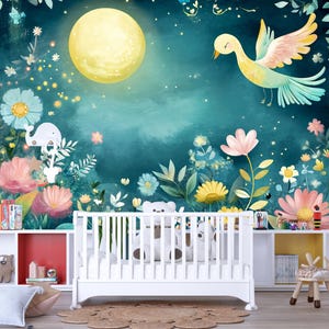 Moonlight Floral Nursery Wall Mural – Watercolor Bird and Flower Wallpaper for Baby Girl Room, Pastel Jungle Peel and Stick Mural