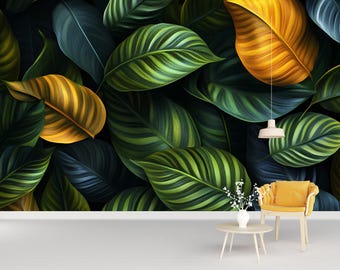 Green Botanical Wallpaper / Peel and Stick Leaf Wall Mural / Removable Plant Wall Art / Nature Bedroom Wallpaper / Jungle Foliage Decor