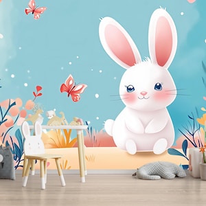 Cute Bunny Nursery Wall Mural – Pastel Rabbit Wallpaper for Baby Room, Girls Nursery Peel and Stick Floral Bunny Wall Art