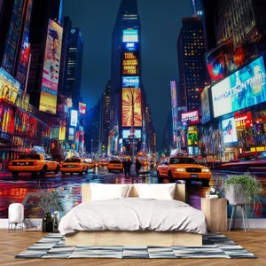 Times Square Wallpaper 3D City Lights Wall Mural | Modern Bold New York Cityscape Wall Decor | Stylish Bedroom Living Room Gift