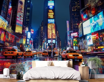 Times Square Wallpaper 3D City Lights Wall Mural | Modern Bold New York Cityscape Wall Decor | Stylish Bedroom Living Room Gift