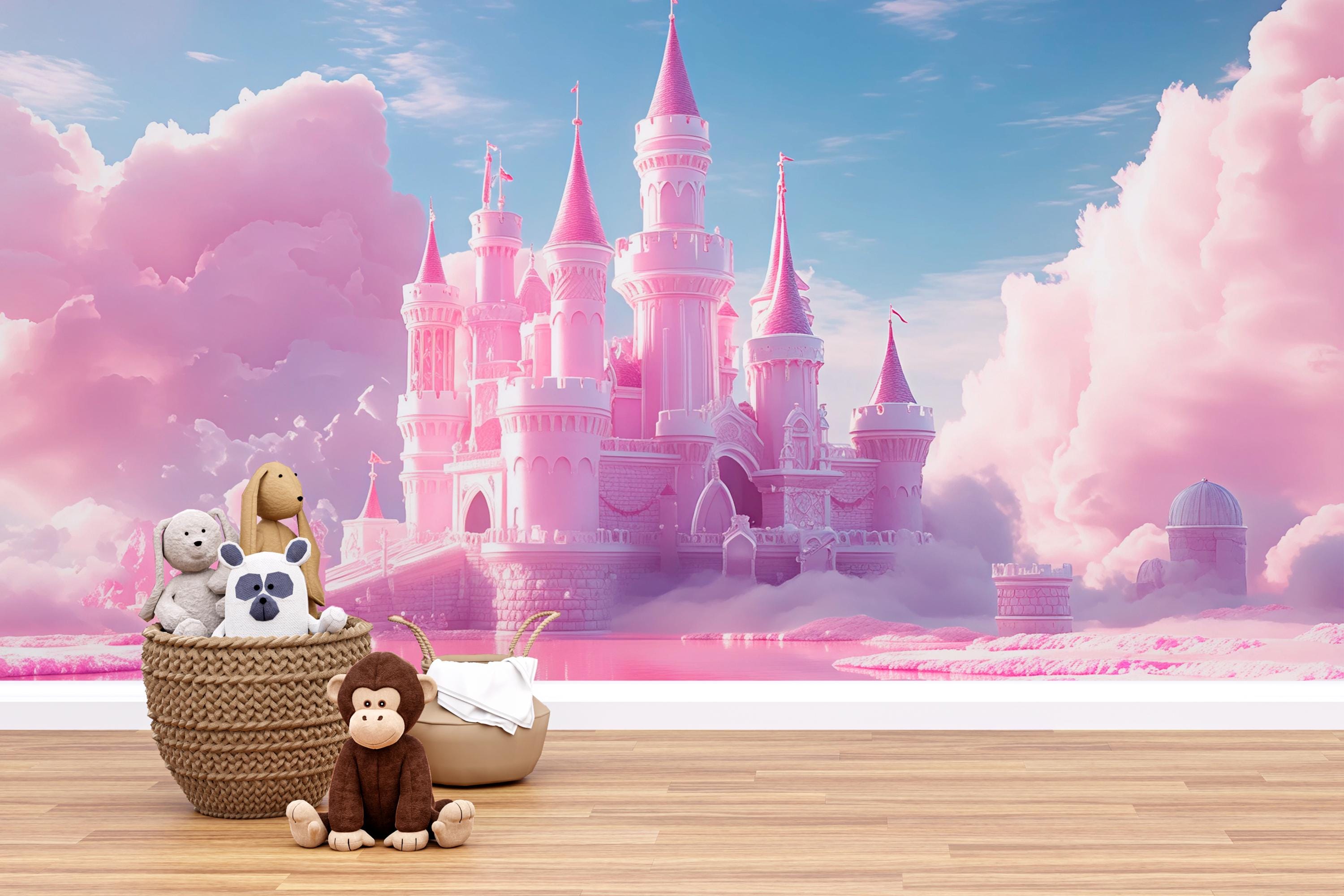 Pink Castle Wall Mural – Fantasy Cloud Kingdom Wallpaper for Kids Room ...
