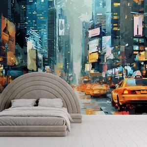 NYC Street Wall Mural – Times Square Taxi Cityscape Wallpaper, Urban New York Decor, Modern Peel and Stick Wall Art for Bedroom or Office
