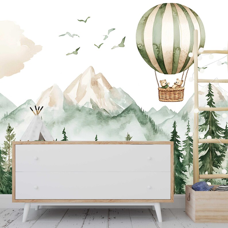 Hot Air Balloon Nursery Wall Mural – Forest Animals & Mountain ...