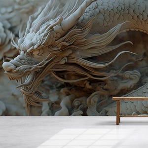 May include: A detailed, gray dragon sculpture dominates the wall, its head and upper body emerging from a cloud-like background. A wooden table holds a vase and a small decorative sphere. The overall theme is Asian-inspired decor.