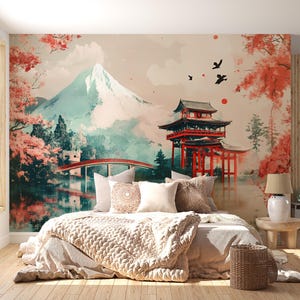 Japanese Wall Mural with Mount Fuji – Cherry Blossom Landscape Mural – Torii Gate & Temple Art Wallpaper – Peel and Stick or Non-Woven