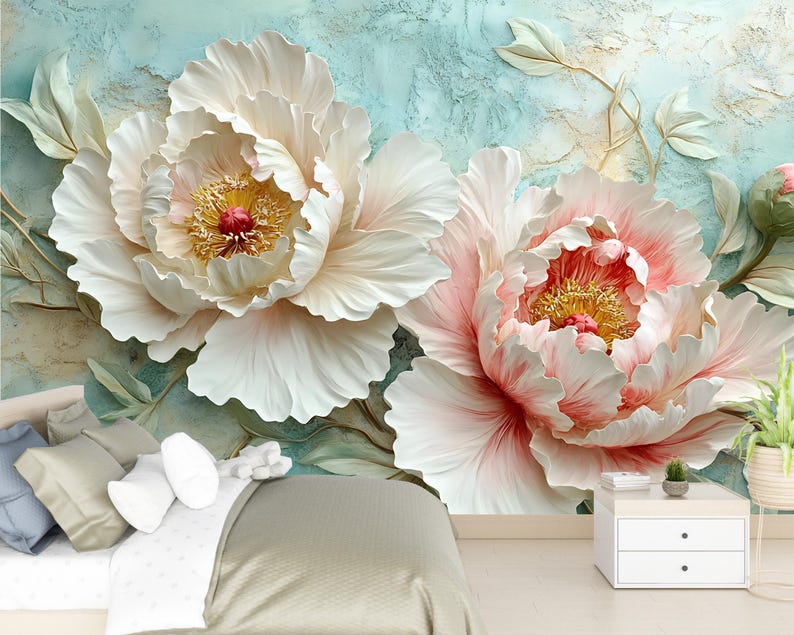 3D Peony Wall Mural – Elegant Floral Wallpaper With Aqua Texture ...