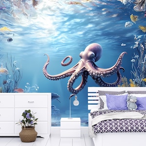 Peel and Stick Octopus Wallpaper - Deep Sea Decor Wall Mural - Underwater Ocean Wallpaper - Marine Life Wall Art - Bedroom Wall Mural Vn010