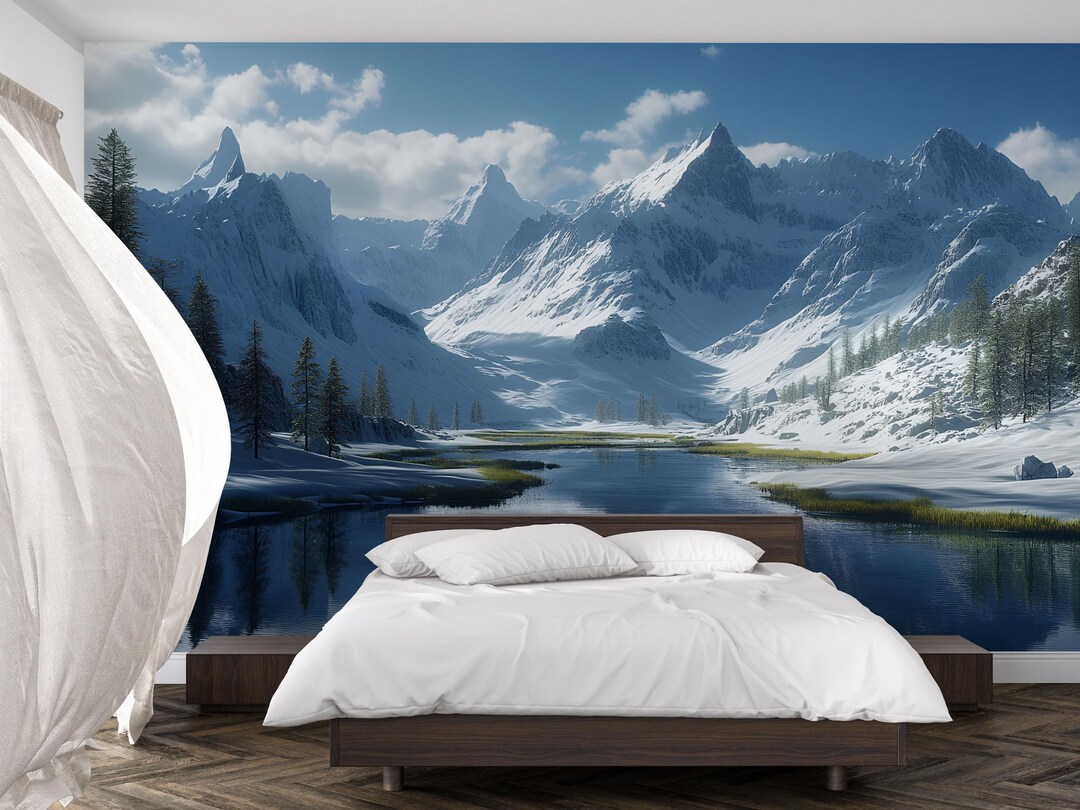 Snowy Mountain Wallpaper Mural | 3D Winter Landscape Wall Art With ...