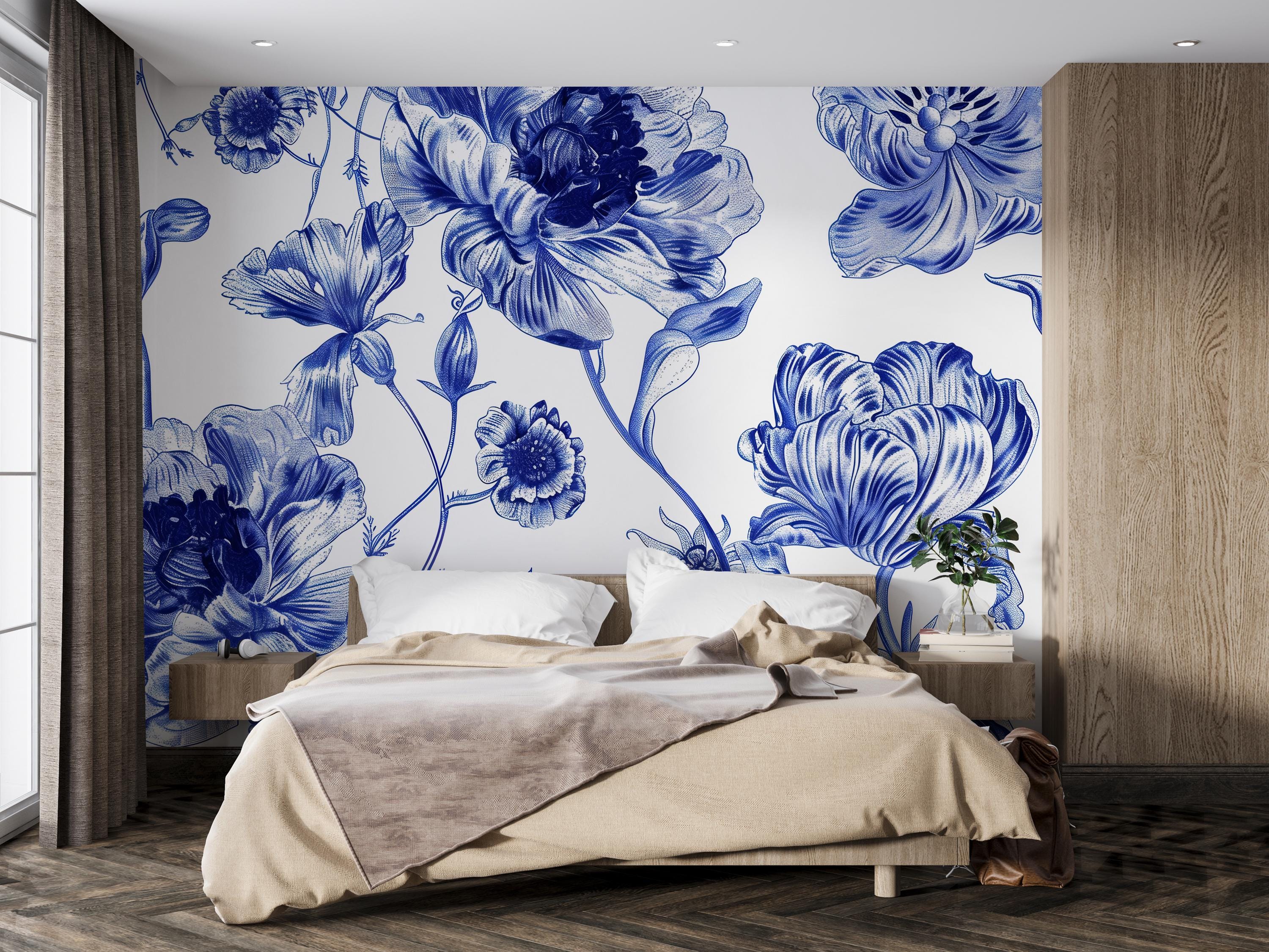 Blue and White Floral Wallpaper Mural – Oversized Botanical Wall Decor ...