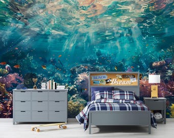 Ocean Underwater Wallpaper Mural – Coral Reef Fish Wall Decor for Kids Room, Bedroom or Living Room – Modern Bold Accent Removable Stylish