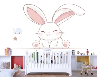 Kawaii Hase Wandtattoo für Kinderzimmer, niedlicher Hase Wandaufkleber, Babyzimmer Wandkunst, Neutral Kinderzimmer Dekor, Schälen und Stick Wandtattoo