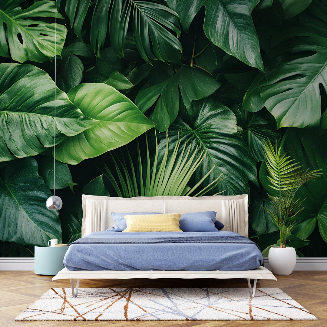 Green Botanical Wallpaper / Tropical Leaf Wall Mural / Peel and Stick ...