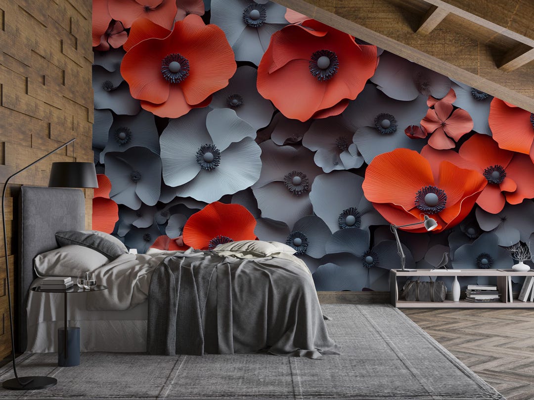 3D Red and Gray Floral Wall Mural – Oversized Flower Wallpaper – Modern ...