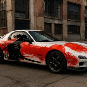 May include: White sports car with red and black graphics. The car has black wheels and a black front spoiler. The car is parked on a paved street in front of a brick building.