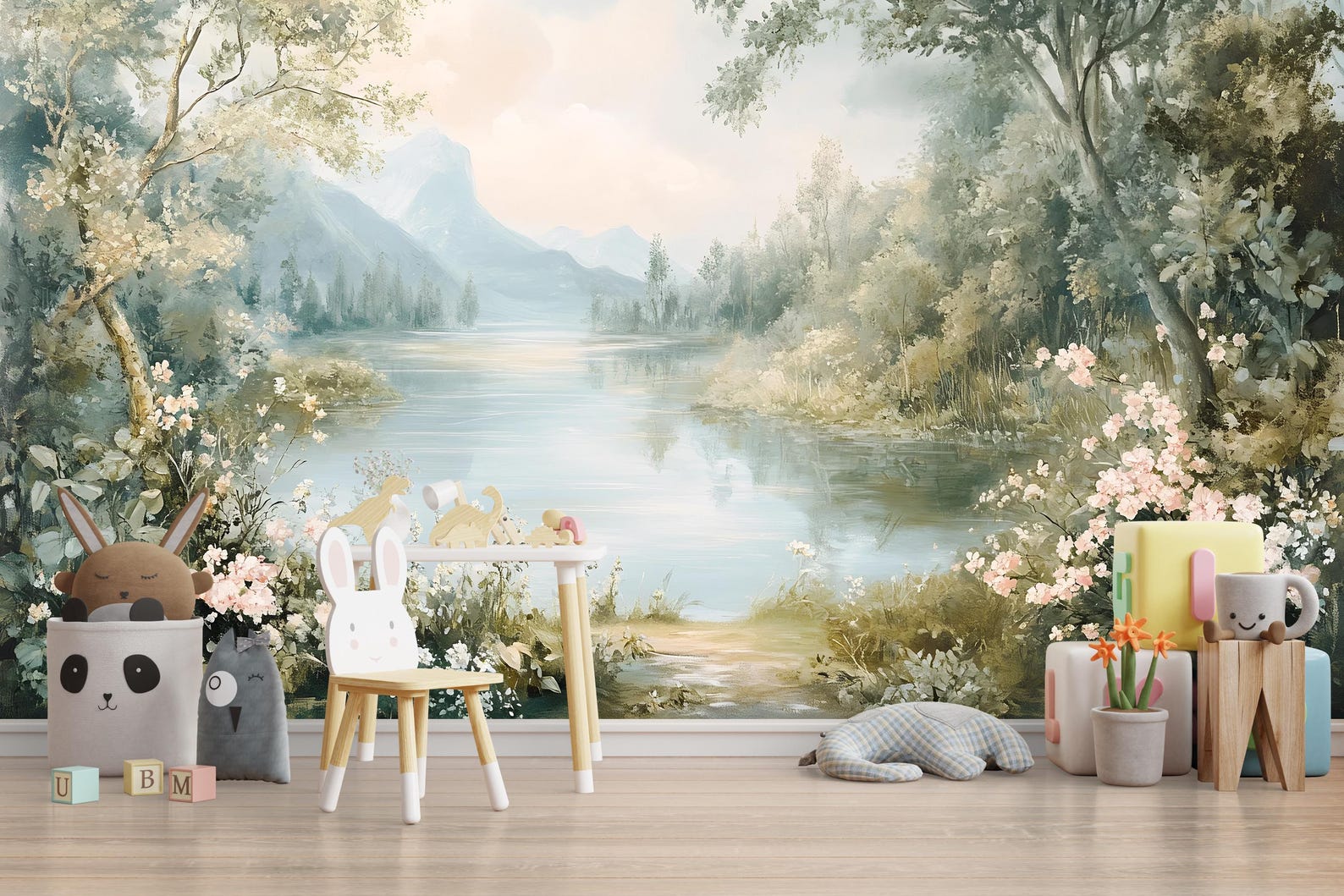 Mountain Lake Wallpaper Mural – Serene Landscape Wall Art for Nursery ...
