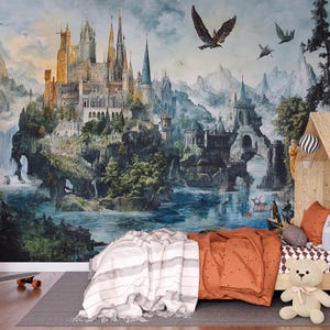 Whimsical Wallpaper – Secret Castle Peel & Stick, Magical Forest Mural, Medieval Fantasy Castle, Magical Forest Wallpaper, Medieval Forest