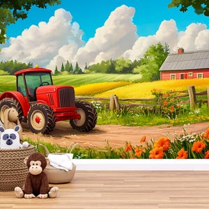 Carta da parati murale con fattoria di trattori rossi – Carta da parati per cameretta dei bambini in stile country – da staccare e attaccare o in tessuto non tessuto – Decorazione per camera da letto o sala giochi per ragazzi