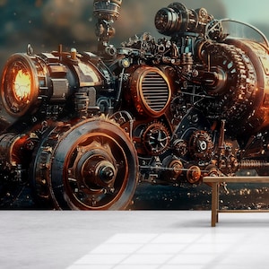 Steampunk Engine Wall Mural – Industrial Gear Machine Wallpaper for Game Room, Office or Studio – Peel & Stick or Non-Woven
