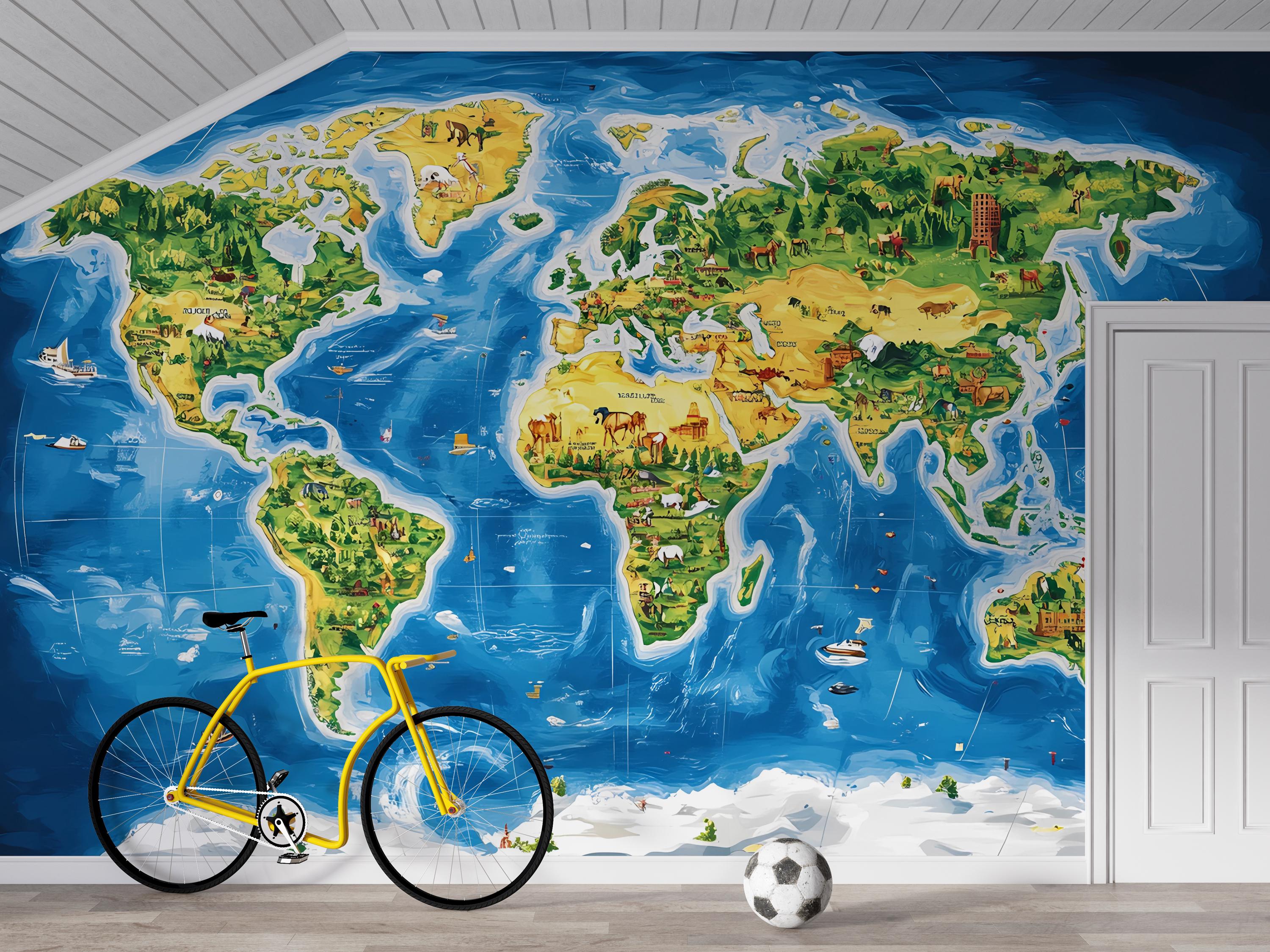 Illustrated Kids World Map Mural – Peel and Stick Educational Wallpaper ...