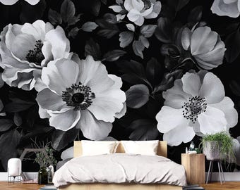 Black White Floral Wallpaper Mural – Boho Oversized Flower Wall Art – Monochrome Botanical Wall Decor – Romantic Modern Bedroom