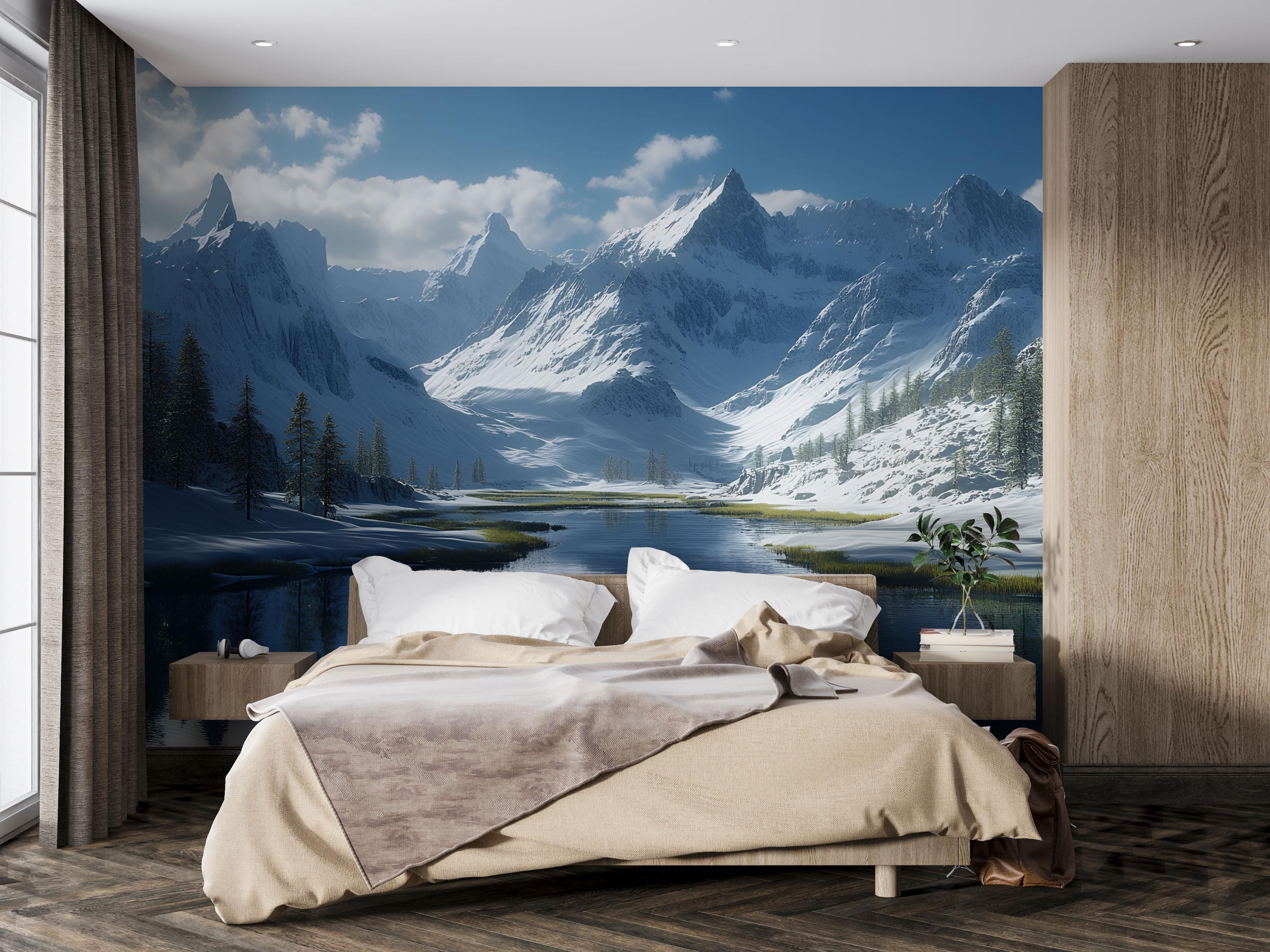 Snowy Mountain Wallpaper Mural | 3D Winter Landscape Wall Art With ...
