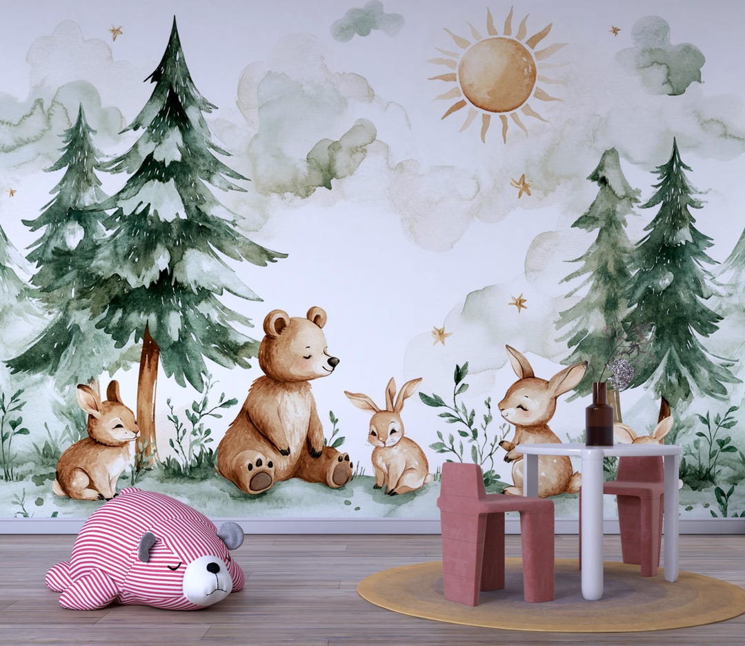 Kids Wallpaper - Mountain and Trees Peel and Stick Wall Mural - Self ...