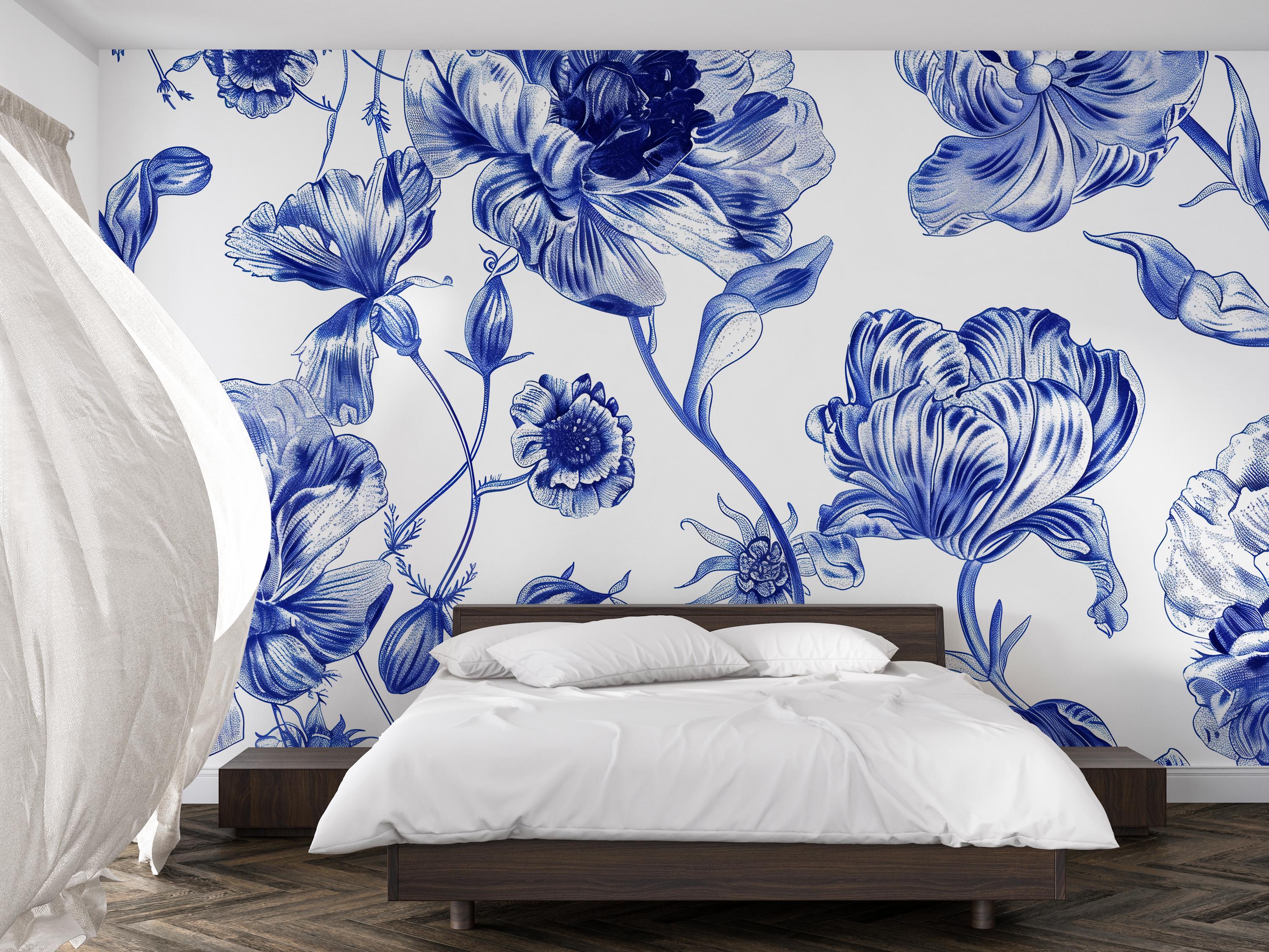 Blue and White Floral Wallpaper Mural – Oversized Botanical Wall Decor ...