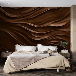 Dark Brown 3D Wallpaper Mural – Textured Wall Art for Bedroom or Office – Modern Wavy Accent Wall Decor – Earth Tone Contemporary Wallpaper