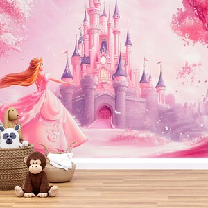 Princess Castle Wall Mural – Pink Fairytale Wallpaper for Girls Nursery ...