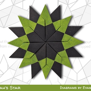 Może przedstawiać: Zielona i czarna gwiazda origami, złożona z papieru, z tekstem "SARAH'S STAR" i "DIAGRAMS BY EVAN ZODL" na dole obrazu.