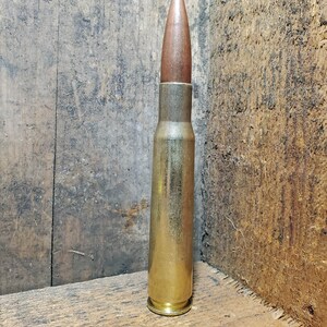 May include: A single, large bullet with a copper-colored tip and a brass casing. The bullet is standing upright against a wooden background. The casing is a shiny gold color.