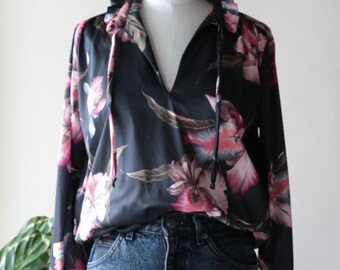 Vintage 70s Black Floral Ruffle Neck Tie Blouse, Long Sleeve Top