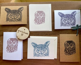 6 Hand Carved Owl Linocut Greeting Card Set