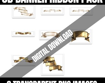 May include: A set of eight 3D banner ribbon images in gold and white. The ribbons are in various styles and positions, including curved, straight, and angled. The images are transparent PNG files, perfect for adding a decorative touch to digital projects.