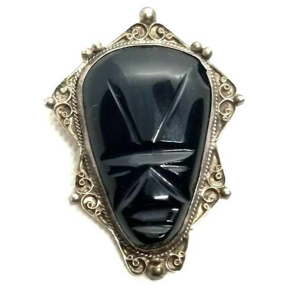 Black Stone Aztec Mayan Tribal Mask Face Brooch 925 Sterling Silver Hecho En Mexico Onyx Obsidian Silver Frame Vintage Mexican Brooch